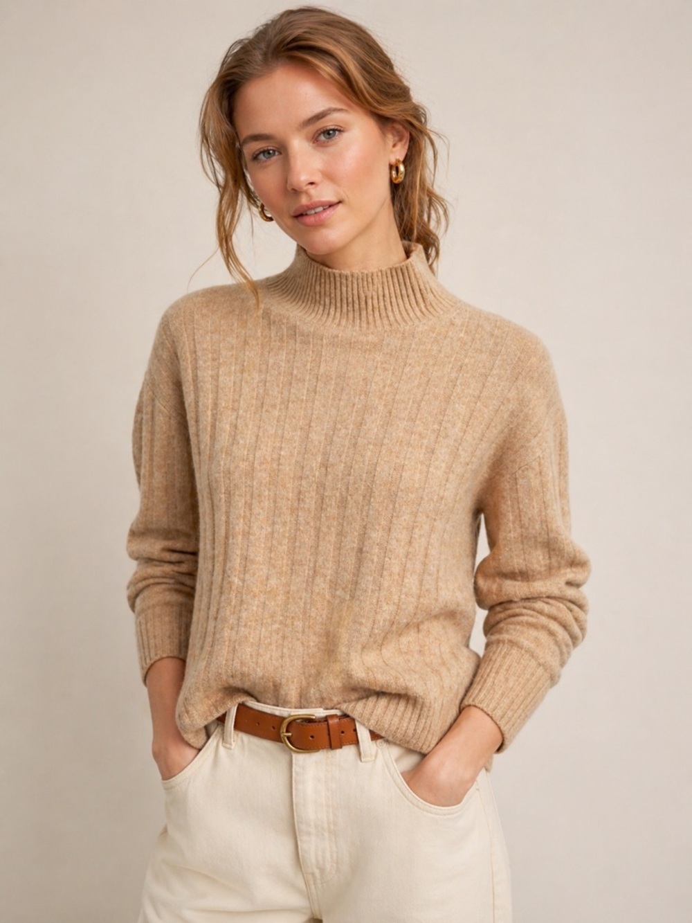 J.Crew Re-Imagined Beige Ribbed Mock Neck Sweater Merino Wool Alpaca Blend Sz. M